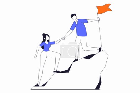 Illustration for Leadership concept with people scene in flat outline design. Man and woman climb mountain and set flag on top, achieve success business goals. Vector illustration with line character situation for web - Royalty Free Image