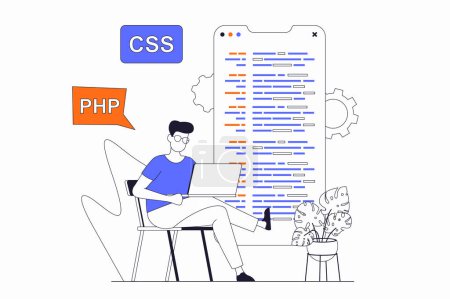 Illustration for Programmers working concept with people scene in flat outline design. Man developer works with code, fixes bug and creates mobile application. Vector illustration with line character situation for web - Royalty Free Image