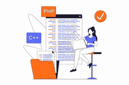 Illustration for Programmers working concept with people scene in flat outline design. Woman working with code, optimized, settings, testing and fixing bugs. Vector illustration with line character situation for web - Royalty Free Image