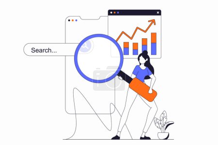 Illustration for Seo optimization concept with people scene in flat outline design. Woman with magnifier research website traffic data and optimizes metrics. Vector illustration with line character situation for web - Royalty Free Image