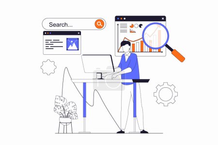 Illustration for Seo optimization concept with people scene in flat outline design. Man settings site metrics, analyzes webpage data and optimizes settings. Vector illustration with line character situation for web - Royalty Free Image