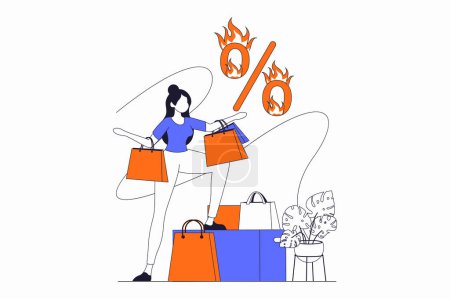 Illustration for Shopping concept with people scene in flat outline design. Woman buys goods at seasonal sale in shops at bargain prices with big discounts. Vector illustration with line character situation for web - Royalty Free Image