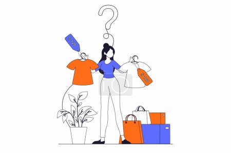 Illustration for Shopping concept with people scene in flat outline design. Woman chooses clothes at bargain prices and buys goods at seasonal sale in shop. Vector illustration with line character situation for web - Royalty Free Image