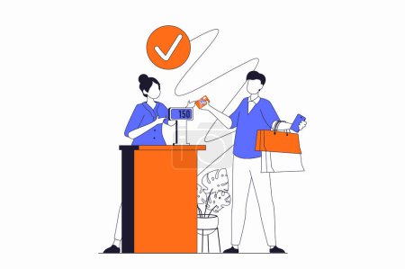 Illustration for Shopping concept with people scene in flat outline design. Man makes purchases with bargain prices and pays for goods at checkout in shop. Vector illustration with line character situation for web - Royalty Free Image