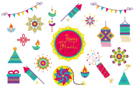 Téléchargez les illustrations : Festival Diwali éléments isolés dans un design plat. Lot de bougies, guirlandes, feux d'artifice, lanternes festives, lampes à huile, craquelins, mandalas, ornements de vacances indiens et autres. Illustration vectorielle. - en licence libre de droit