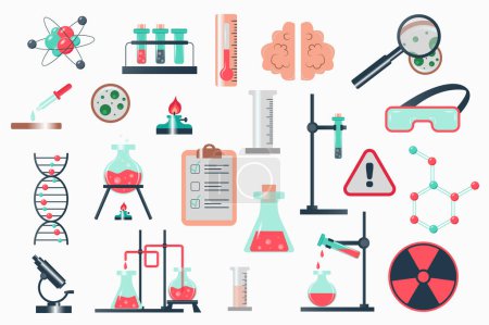 Illustration for Science laboratory isolated elements set in flat design. Bundle of atom, test tubes, thermometer, magnifier, glasses, warning sign, DNA molecule, chemical reaction and other. Vector illustration. - Royalty Free Image