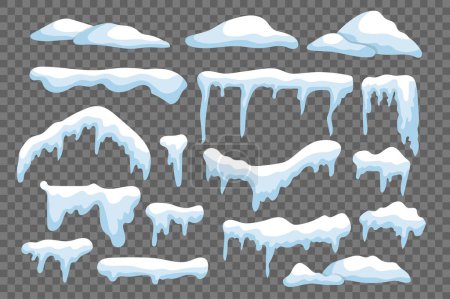 Illustration for Snow caps with icicles isolated elements set in flat design. Bundle of different shapes snowcaps, snowdrifts and snowy ice on roofs. Seasonal weather frames and winter borders. Vector illustration. - Royalty Free Image