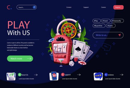 Illustration for Casino concept in flat cartoon design for homepage layout. Online poker and gambling, slot machine jackpot winning, roulette, dices and card games. Vector illustration for landing page and web banner - Royalty Free Image