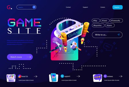 Illustration for Game site concept in flat cartoon design for homepage layout. Online platform for buying and playing video games with VR and augmented technology. Vector illustration for landing page and web banner - Royalty Free Image
