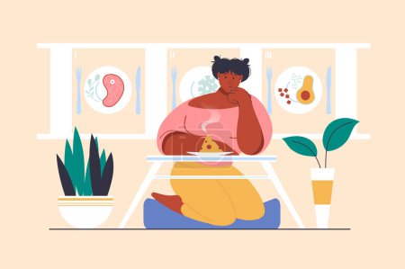 Illustration for Plan nutrition concept with people scene in flat design. Woman cooking and eating different healthy meals at weight loss marathon, planning diet. Vector illustration with character situation for web - Royalty Free Image