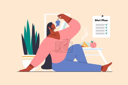 Illustration for Diet concept with people scene in flat design. Woman follows dieting and controls calories, eats fresh vegetables, fruits and natural products. Vector illustration with character situation for web - Royalty Free Image