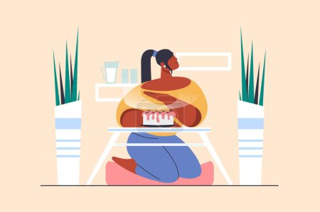 Illustration for Sugar free and not sweet diet concept with people scene in flat design. Woman follows healthy diet and refuses cakes. Diabetic does not eat sweets. Vector illustration with character situation for web - Royalty Free Image