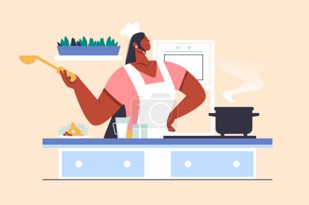 Illustration for Cooking at home concept with people scene in flat design. Woman in apron and chef hat preparing lunch or dinner according to recipes in kitchen. Vector illustration with character situation for web - Royalty Free Image