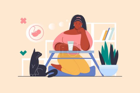 Illustration for Childfree concept with people scene in flat design. Childless woman chooses to live single with her pet cat. Young girl decides not to have baby. Vector illustration with character situation for web - Royalty Free Image