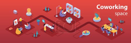 Illustration for Coworking space concept 3d isometric infographics web banner. People work in open office, collaborate and hold conferences, discuss and do tasks. Vector illustration in isometry graphic design - Royalty Free Image