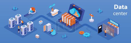 Illustration for Data center concept 3d isometric infographics web banner. People control and monitor operation of data processing equipment, maintain of servers. Vector illustration in isometry graphic design - Royalty Free Image