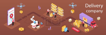 Illustration for Delivery company concept 3d isometric infographics web banner. People order goods online and receive parcels, employees work in post warehouses. Vector illustration in isometry graphic design - Royalty Free Image