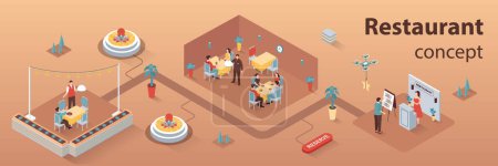 Illustration for Restaurant concept 3d isometric infographics web banner. People visit restaurant, book tables, staff works at reception, waiter brings orders. Vector illustration in isometry graphic design - Royalty Free Image