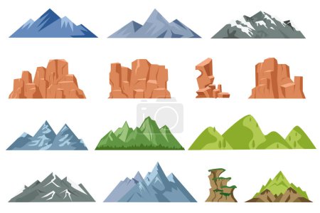 Illustration for Mountains isolated graphic elements set in flat design. Bundle of different mountain peaks and rocks with ice or green plants. Rocky landscape symbols for camping and hiking. Vector illustration. - Royalty Free Image