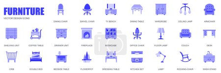 Illustration for Furniture concept of web icons set in simple flat design. Pack of dining chair, tv bench, table, wardrobe, armchair, shelving unit, fireplace, bookcase and other. Vector blue pictograms for mobile app - Royalty Free Image