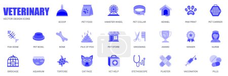 Ilustración de Concepto veterinario de iconos web establecidos en diseño plano simple. Pack de cucharada, comida para mascotas, rueda de hámster, collar, perrera, huella de pata, hueso, tienda, aseo y otros. Pictogramas azules vectoriales para aplicación móvil - Imagen libre de derechos