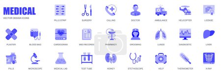 Illustration for Medical concept of web icons set in simple flat design. Pack of pills, surgery, doctor, ambulance, helicopter, license, blood bag, cardiogram, pharmacy and other. Vector blue pictograms for mobile app - Royalty Free Image