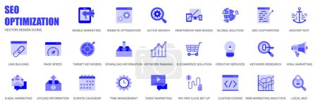 Illustration for Seo optimization concept of web icons set in simple flat design. Pack of marketing, active search, global solution, anchor text, link building, keyword and other. Vector blue pictograms for mobile app - Royalty Free Image