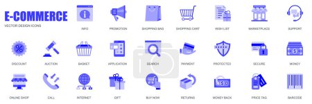 Illustration for E-commerce concept of web icons set in simple flat design. Pack of info, shopping bag, cart, wish list, marketplace, discount, basket, search, payment and other. Vector blue pictograms for mobile app - Royalty Free Image