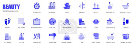 Illustration for Beauty concept of web icons set in simple flat design. Pack of stopwatch, swimming, stone, bamboo, candle, massage oil, foots, spa, scale, slim girl and other. Vector blue pictograms for mobile app - Royalty Free Image