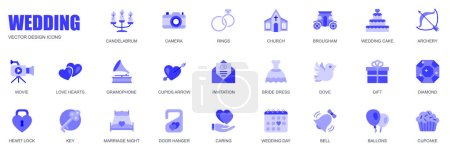 Illustration for Wedding concept of web icons set in simple flat design. Pack of rings, church, brougham, cake, archery, love, heart, gramophone, marriage, bride dress and other. Vector blue pictograms for mobile app - Royalty Free Image