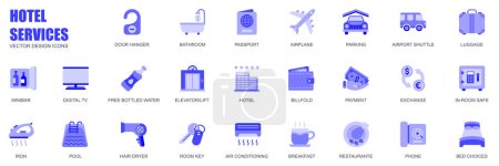 Illustration for Hotel services concept of web icons set in simple flat design. Pack of door hanger, bathroom, passport, airplane, parking, airport shuttle, luggage and other. Vector blue pictograms for mobile app - Royalty Free Image
