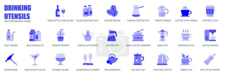 Illustration for Drinking utensils concept of web icons set in simple flat design. Pack of wine bottle, milk, coffee beans, turkish pot, french press, frozen frappe and other. Vector blue pictograms for mobile app - Royalty Free Image