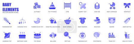 Illustration for Baby elements concept of web icons set in simple flat design. Pack of alphabet, toy pyramid, crib, dummy teat, bib, carriage, bowknot, romper, bottle and other. Vector blue pictograms for mobile app - Royalty Free Image