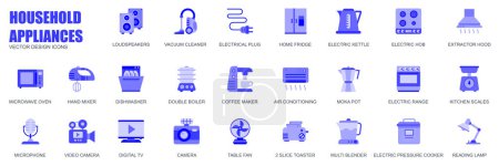 Téléchargez les illustrations : Appareils ménagers concept d'icônes web dans un design plat simple. Pack de haut-parleur, aspirateur, chaudière, prise, réfrigérateur, four à micro-ondes, mélangeur et autres. Pictogrammes vectoriels bleus pour application mobile - en licence libre de droit