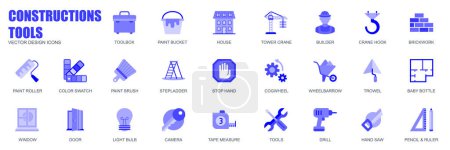 Illustration for Construction tools concept of web icons set in simple flat design. Pack of toolbox, paint bucket, house, tower crane, brickwork, color swatch, brush and other. Vector blue pictograms for mobile app - Royalty Free Image