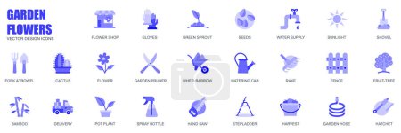 Garden flowers concept of web icons set in simple flat design. Pack of shop, gloves, green sprout, seeds, water supply, sunlight, shovel, fork, trowel and other. Vector blue pictograms for mobile app