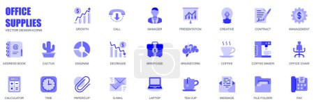 Ilustración de Office suministra el concepto de iconos web establecidos en un diseño plano simple. Paquete de crecimiento, llamada, gerente, presentación, contrato, libreta de direcciones, documento, diagrama y otros. Pictogramas azules vectoriales para aplicación móvil - Imagen libre de derechos