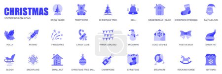 Téléchargez les illustrations : Concept de Noël d'icônes web dans un design plat simple. Pack de boule de neige, arbre, maison de pain d'épice, bas, Père Noël, houx, feu d'artifice, guirlande et autres. Pictogrammes vectoriels bleus pour application mobile - en licence libre de droit