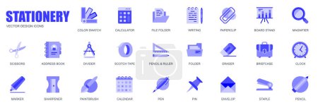 Illustration for Stationery concept of web icons set in simple flat design. Pack of color swatch, file folder, paperclip, board, stand, magnifier, scissors, calendar and other. Vector blue pictograms for mobile app - Royalty Free Image