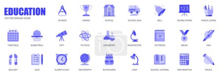 Illustration for Education concept of web icons set in simple flat design. Pack of divider, award, school, bus, bell, schoolbag, pencil, gift, physics, chemistry, lamp and other. Vector blue pictograms for mobile app - Royalty Free Image