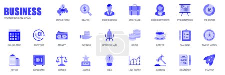 Illustration for Business concept of web icons set in simple flat design. Pack of brainstorm, briefcase, presentation, pie chart, calculator, support, money, savings and other. Vector blue pictograms for mobile app - Royalty Free Image