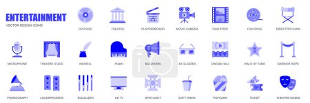 Illustration for Entertainment concept of web icons set in simple flat design. Pack of dvd disc, theatre, clapperboard, movie, film, director, chair, microphone, stage and other. Vector blue pictograms for mobile app - Royalty Free Image