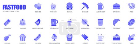 Ilustración de Concepto de comida rápida de iconos web establecidos en diseño plano simple. Paquete de galletas, caja wok, hamburguesa, salchicha, sándwich, pizza, shawarma, panqueque, barra de chocolate y otros. Pictogramas azules vectoriales para aplicación móvil - Imagen libre de derechos