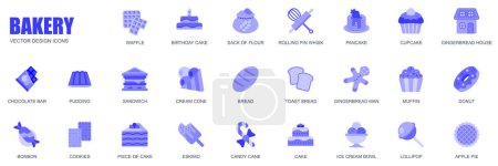 Téléchargez les illustrations : Concept de boulangerie d'icônes web dans un design plat simple. Pack de gaufres, gâteau d'anniversaire, rouleau à pâtisserie, fouet, crêpe, cupcake, pain d'épice, chocolat et autres. Pictogrammes vectoriels bleus pour application mobile - en licence libre de droit