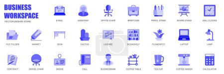 Ilustración de Concepto de espacio de trabajo empresarial de iconos web configurados en un diseño plano simple. Paquete de correo electrónico, asistente, silla de oficina, maletín, lápiz, reloj, carpeta de archivos, lámpara y otros. Pictogramas azules vectoriales para aplicación móvil - Imagen libre de derechos