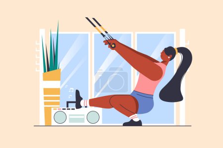 Illustration for TRX training concept with people scene in flat design. Woman making fitness strength training workout and doing total resistance exercise at gym. Vector illustration with character situation for web - Royalty Free Image