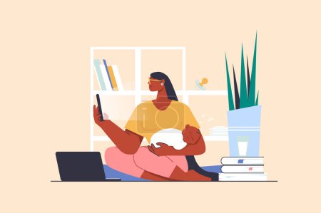 Illustration for Self-development concept with people scene in flat design. Young mother holds baby and gaining her education, develops skills and starts business. Vector illustration with character situation for web - Royalty Free Image