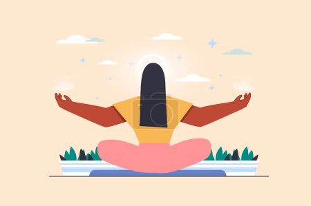 Illustration for Spiritual development concept with people scene in flat design. Woman sits in lotus position and meditates, develops awareness and mindfulness. Vector illustration with character situation for web - Royalty Free Image