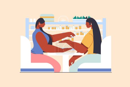 Illustration for Manicure salon concept with people scene in flat design. Woman receives nail polish coloring and hand skin care. Manicurist doing beauty procedure. Vector illustration with character situation for web - Royalty Free Image