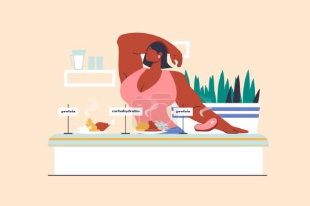 Illustration for Protein and carbohydrate diet concept with people scene in flat design. Woman doing strength training and following diet with nutrient alternation. Vector illustration with character situation for web - Royalty Free Image